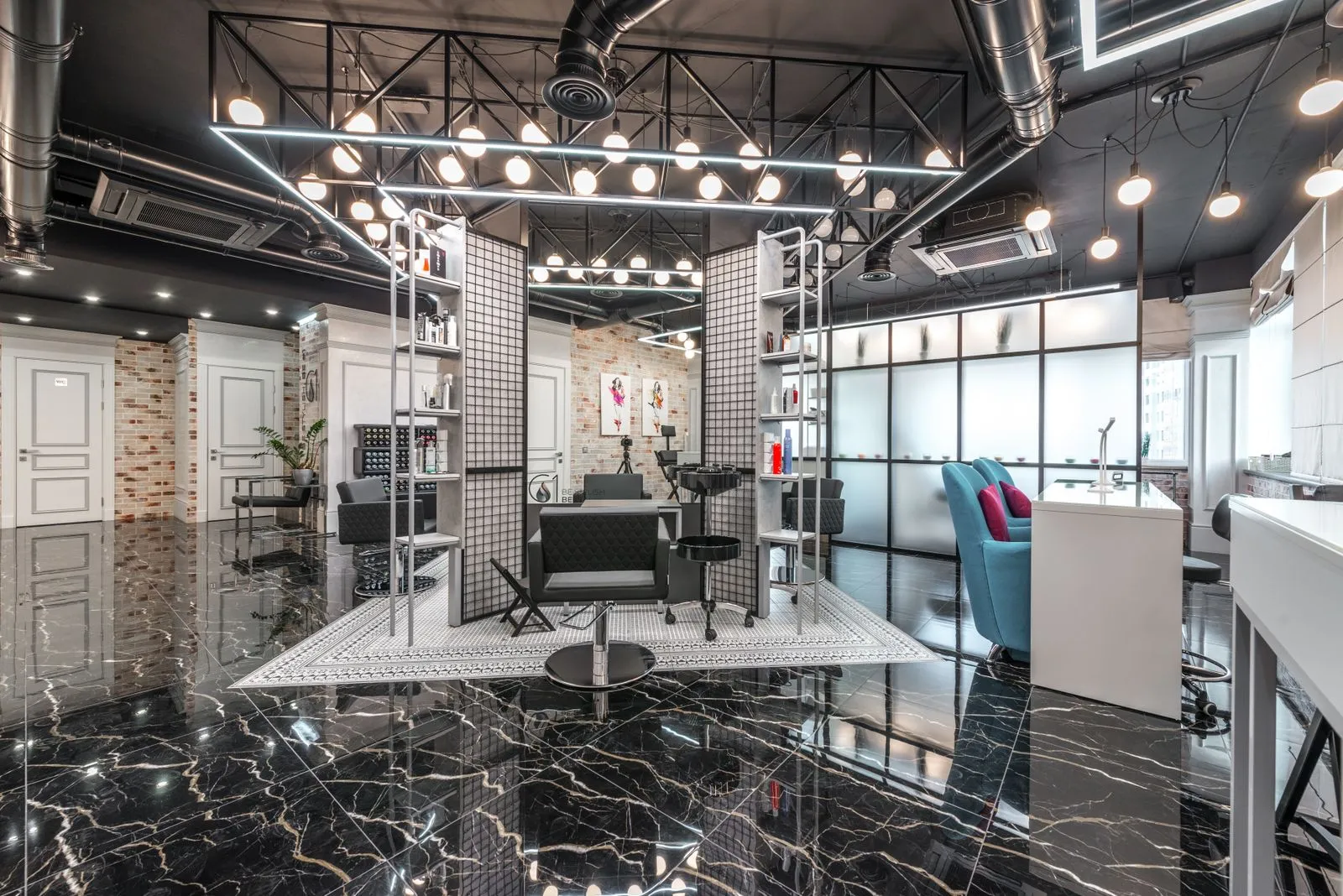 Black chairs placed near armchairs at table in stylish beauty salon with bright illumination and shelves with various co
