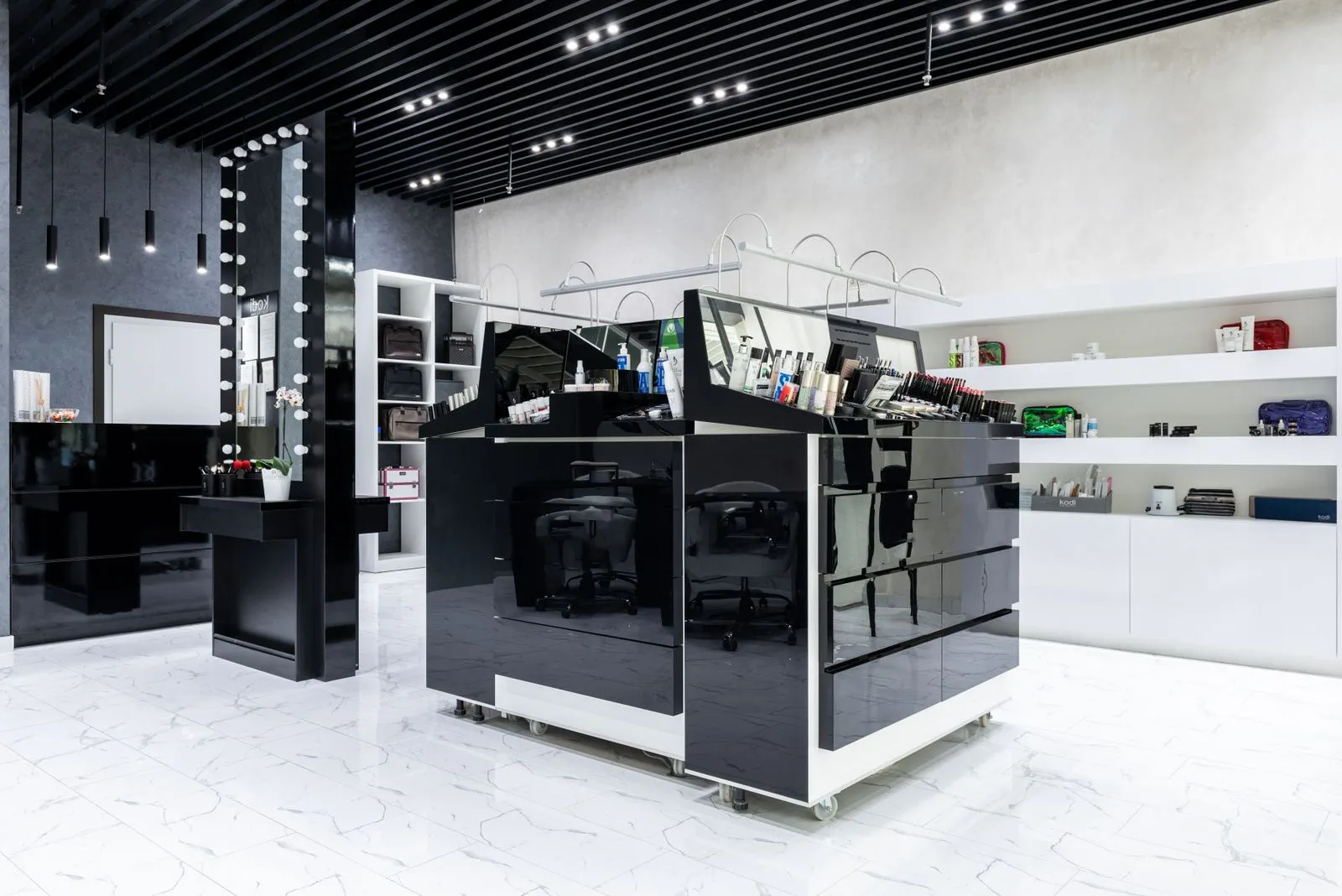 Modern cosmetic store with sleek display units and shelving