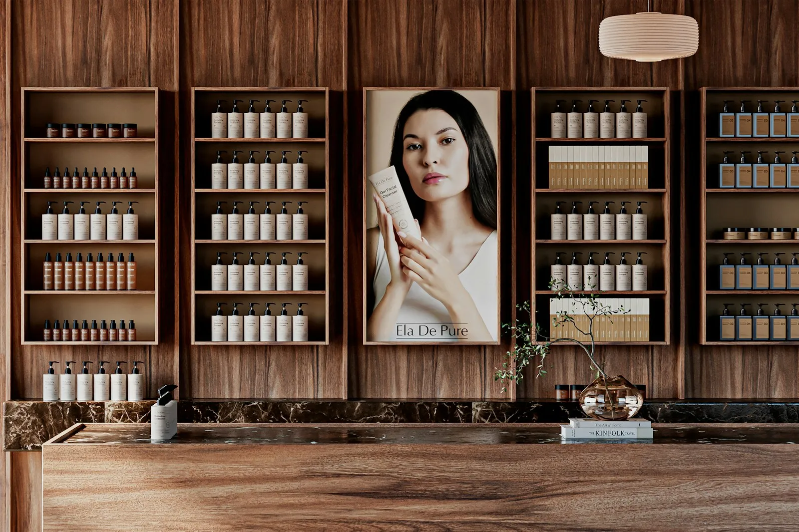 A beautifully designed skincare boutique interior featuring Ela De Pure products displayed on elegant wooden shelves. Th