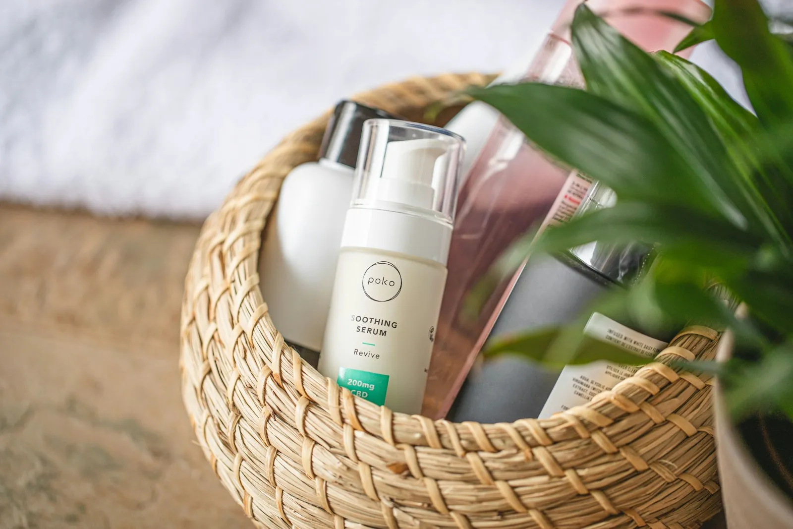 Skincare products in basket