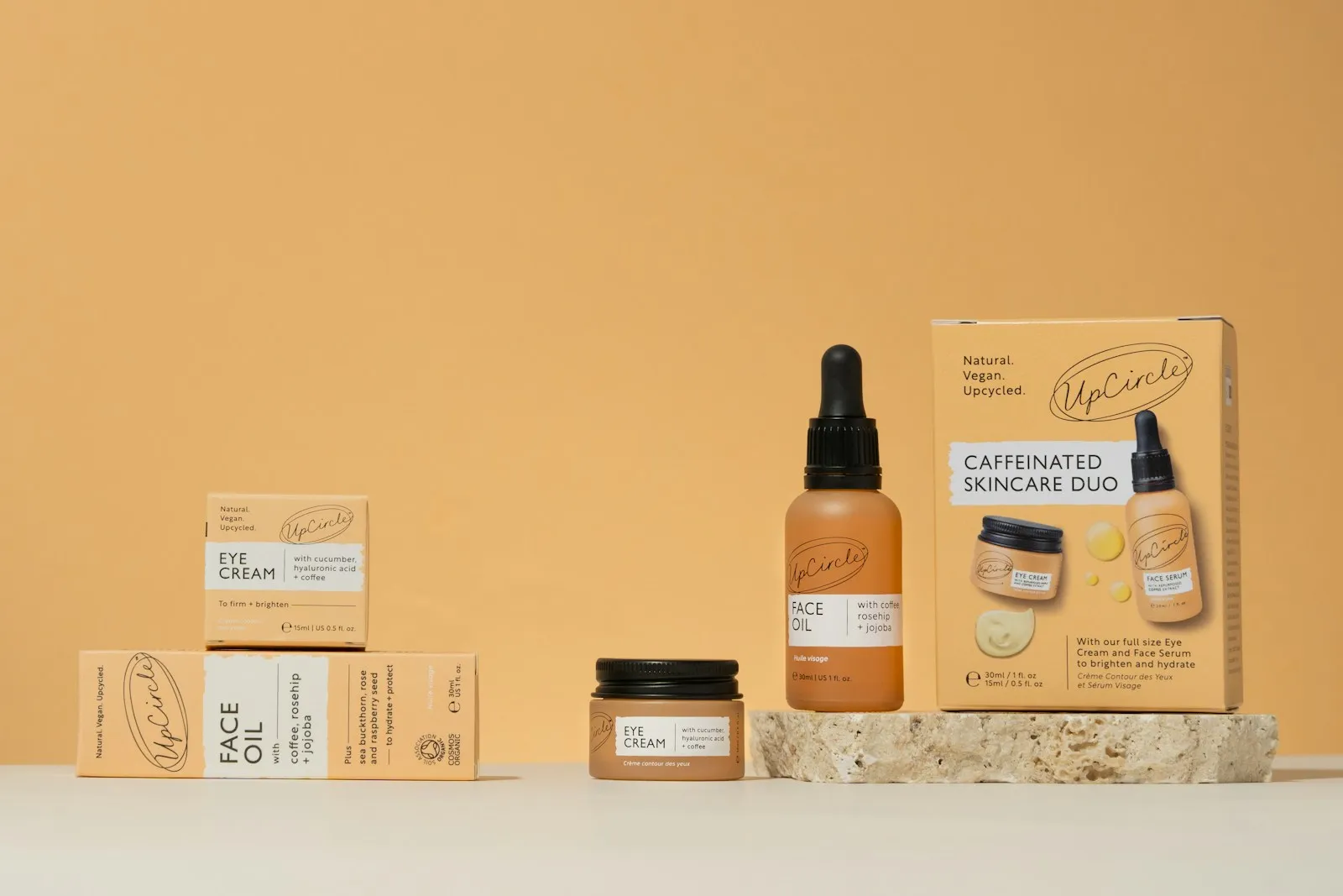 A premium skincare duo featuring UpCircle’s natural, vegan, and upcycled beauty products. This image showcases the Caffe