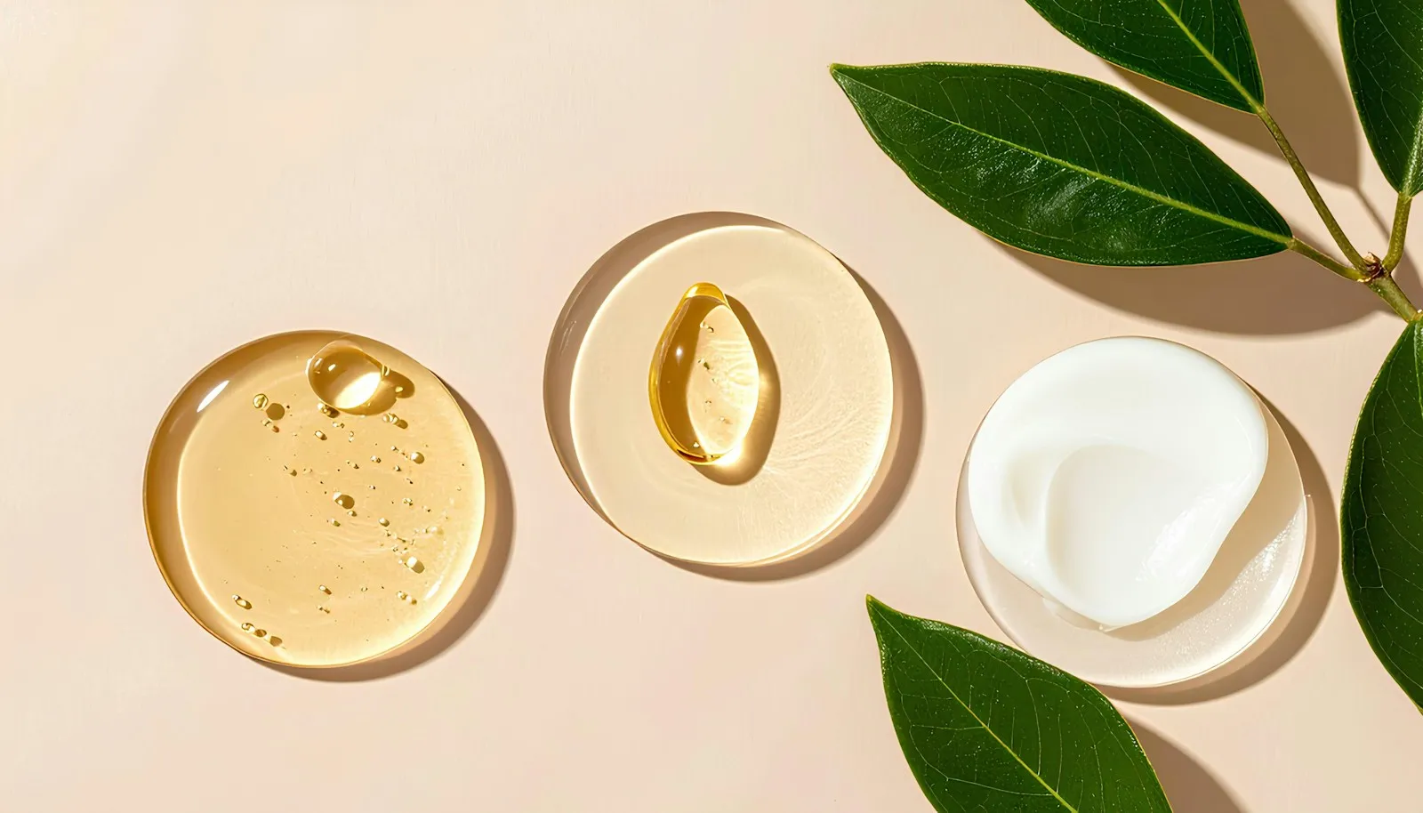 A minimal flatlay of skincare textures—gel, cream, and facial oil—on a soft beige background. Captured in natural light