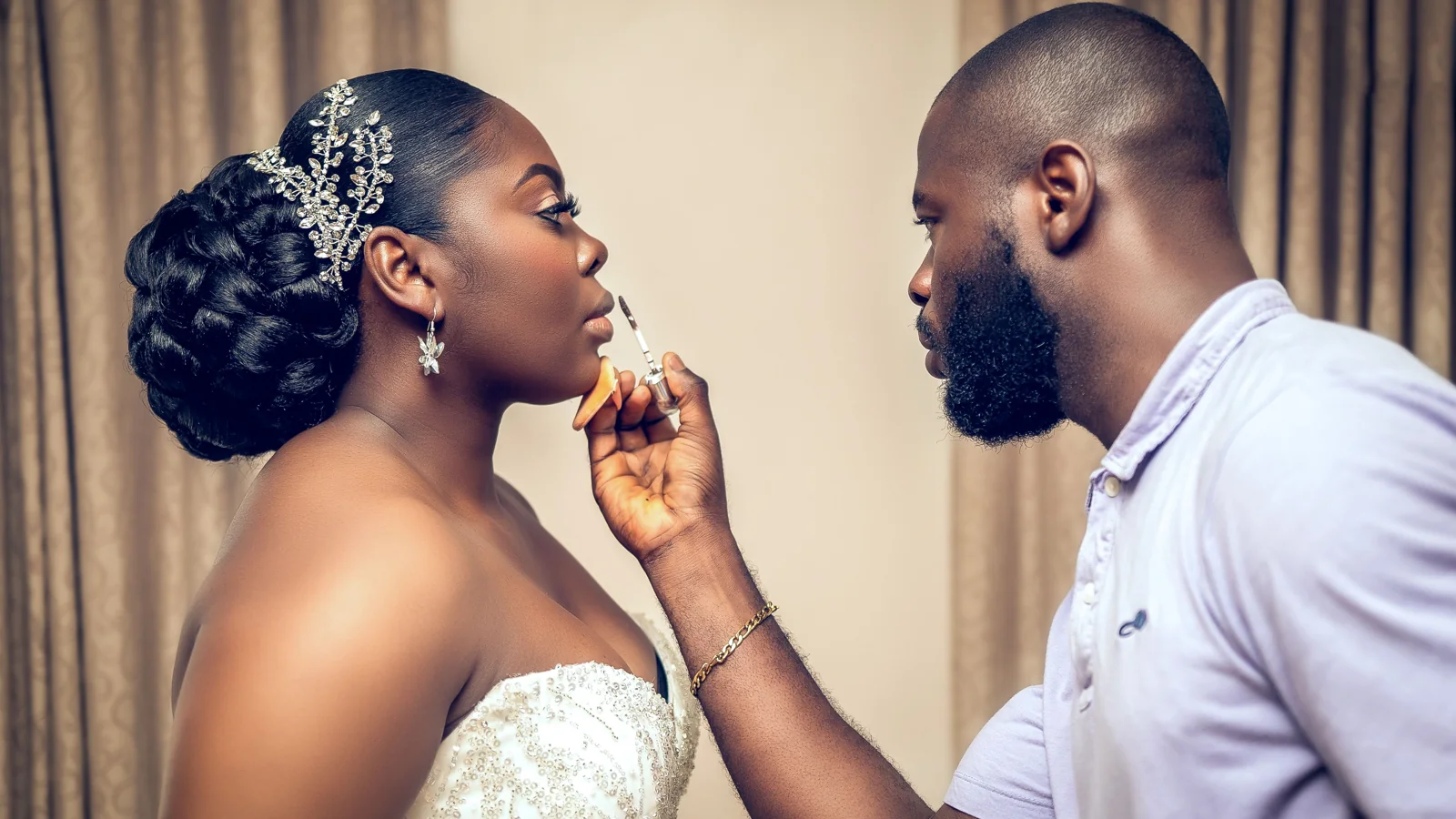 A make-up artist applying lip colour to a bride in a white dress.