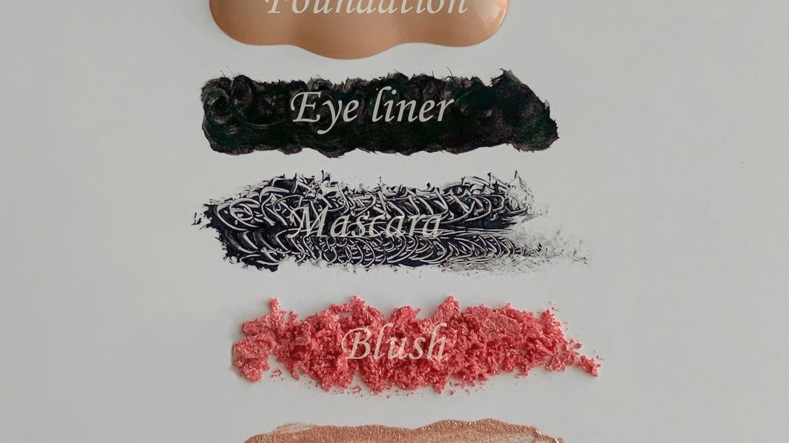 Rows of cream, liquid and powder cosmetic swatches on a pale surface.